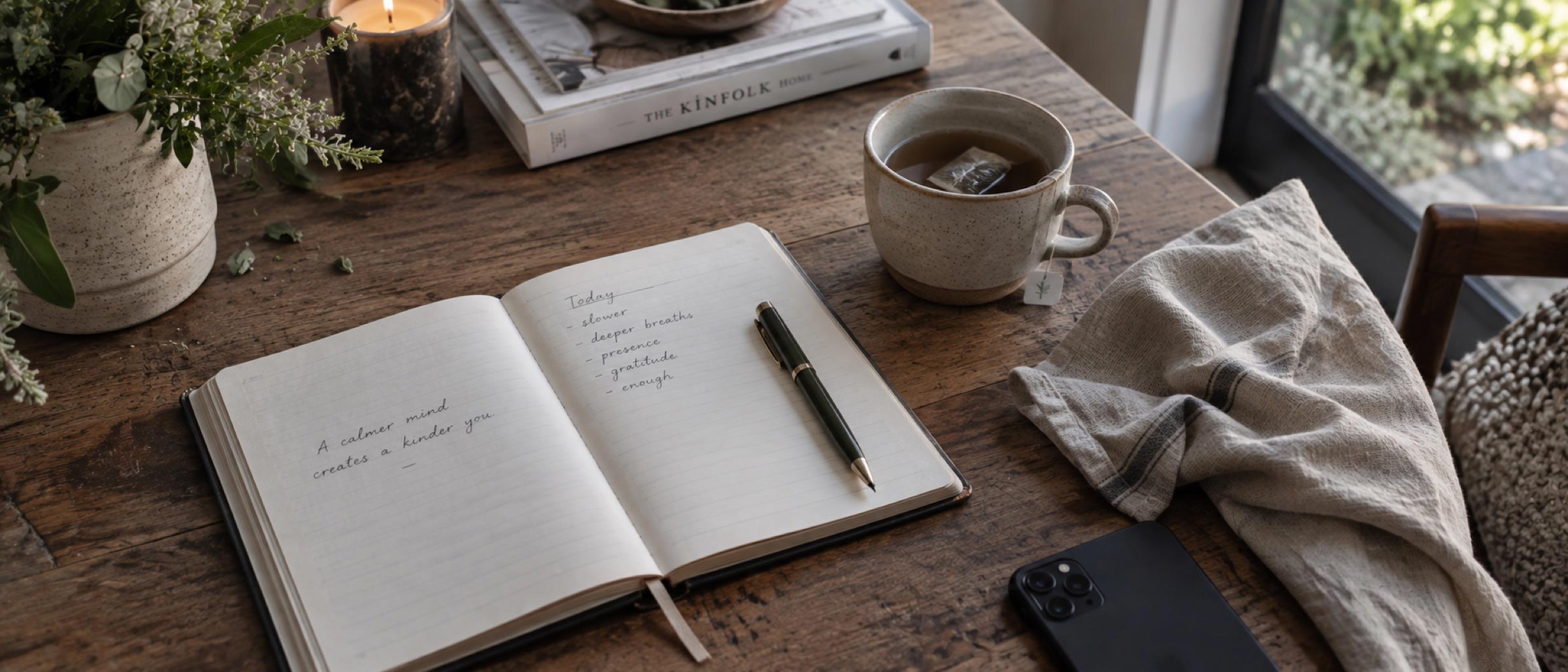 An open journal, cup of tea, candle and phone placed face-down on a warm wooden table by a window
